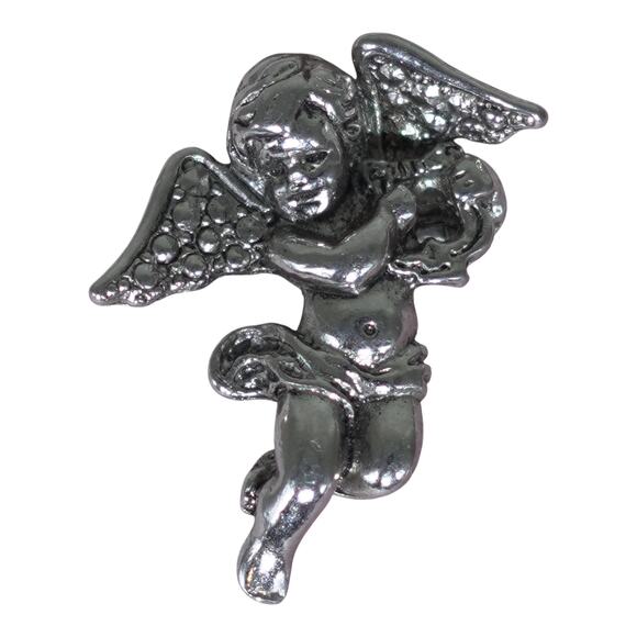Avon Cherub Scatter Pin Silver Tone Pinback Button Brooch Angelcore Holiday EUC - Picture 1 of 11